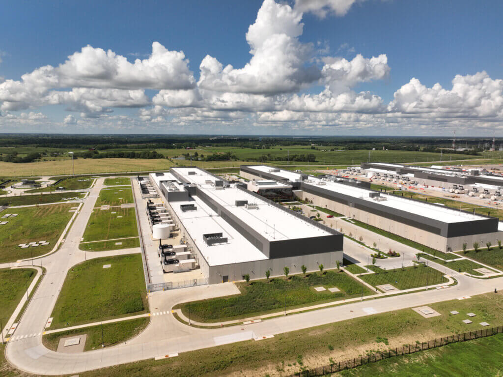Aerial view of a massive hyperscale data centre developed by Diode Ventures in Kansas City — what Wheatland County's farmland could become